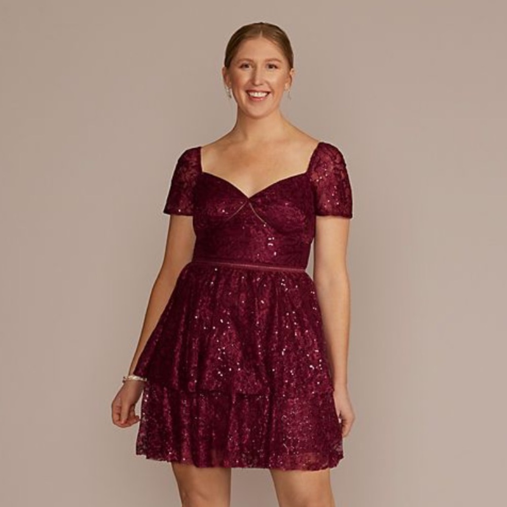 short sleeve illusion lace tiered ruffle dress